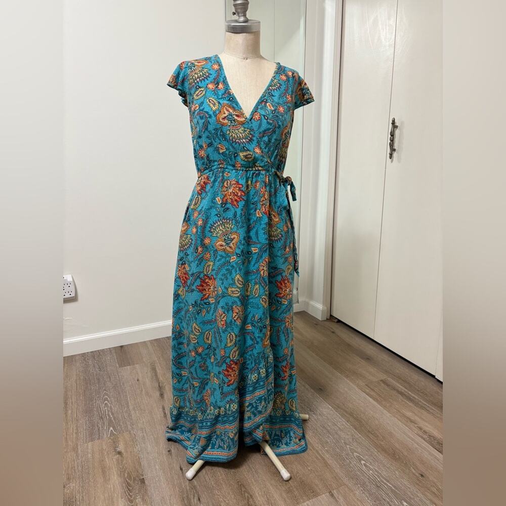 Band of the Free Woman's Blue Floral Bohemian V-Neck Wrap Maxi Dress Small